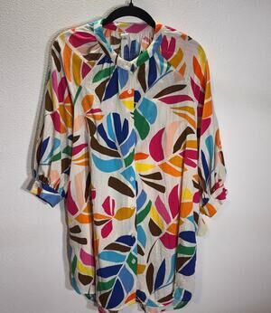 Tabitha Brown Target Colorful Leaf Print Button Blouse Sz S Boho Casual